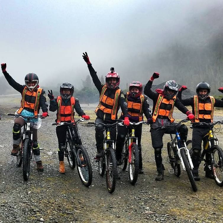 A group of mountain bikers ready for their adventure on the Inca Jungle Trail