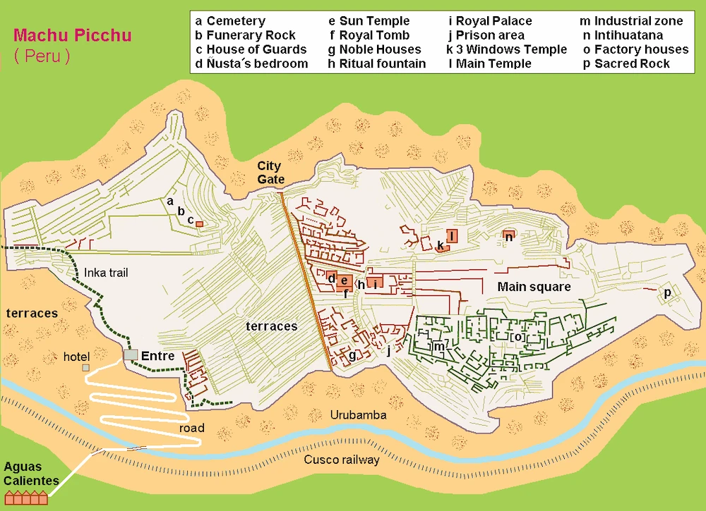 A map of Machu Picchu that contains all points of interest.