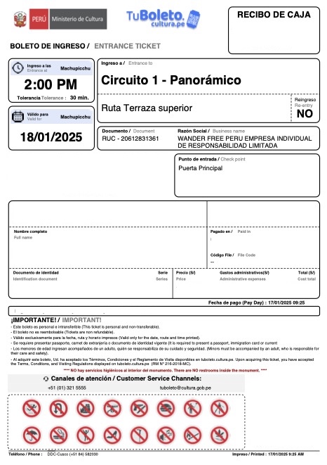 machu picchu ticket example